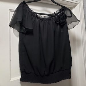 ADIVA Black Flutter Sleeve Top with 3 Rosettes - SZ S